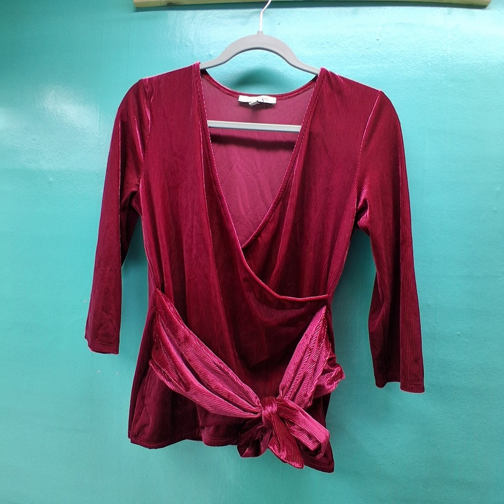 Express One Eleven Wrap Top Medium Burgundy Ribbed Velvet Side Tie Holiday Party